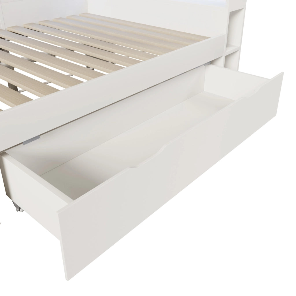 Letto da giorno 140x200 cm bianco con LED, ricarica USB/Type-C, cassetti e ripiani