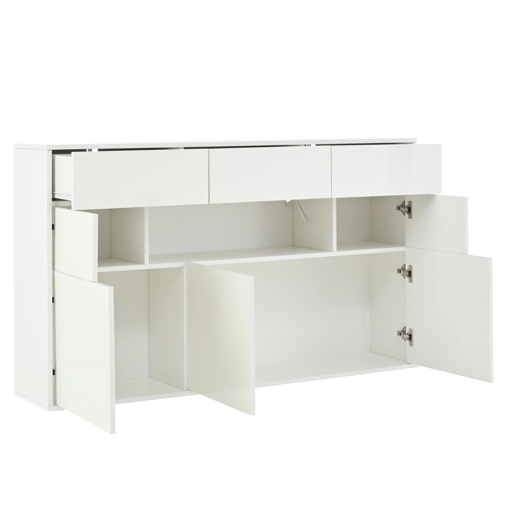 Credenza soggiorno 140 x 30 x 82 cm con 3 cassetti, 5 vani e luce LED, bianco lucido