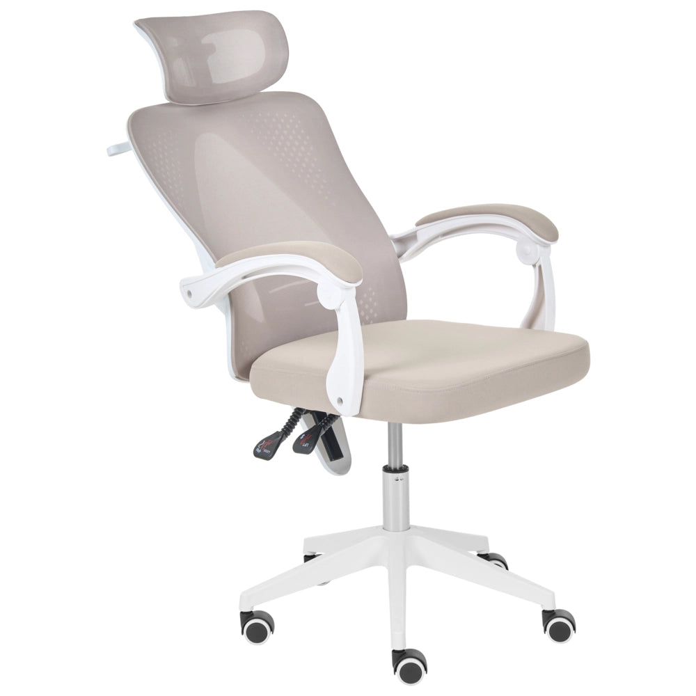 Sedia da ufficio beige in rete, base girevole, altezza regolabile, braccioli, poggiatesta, per ufficio domestico, moderna
