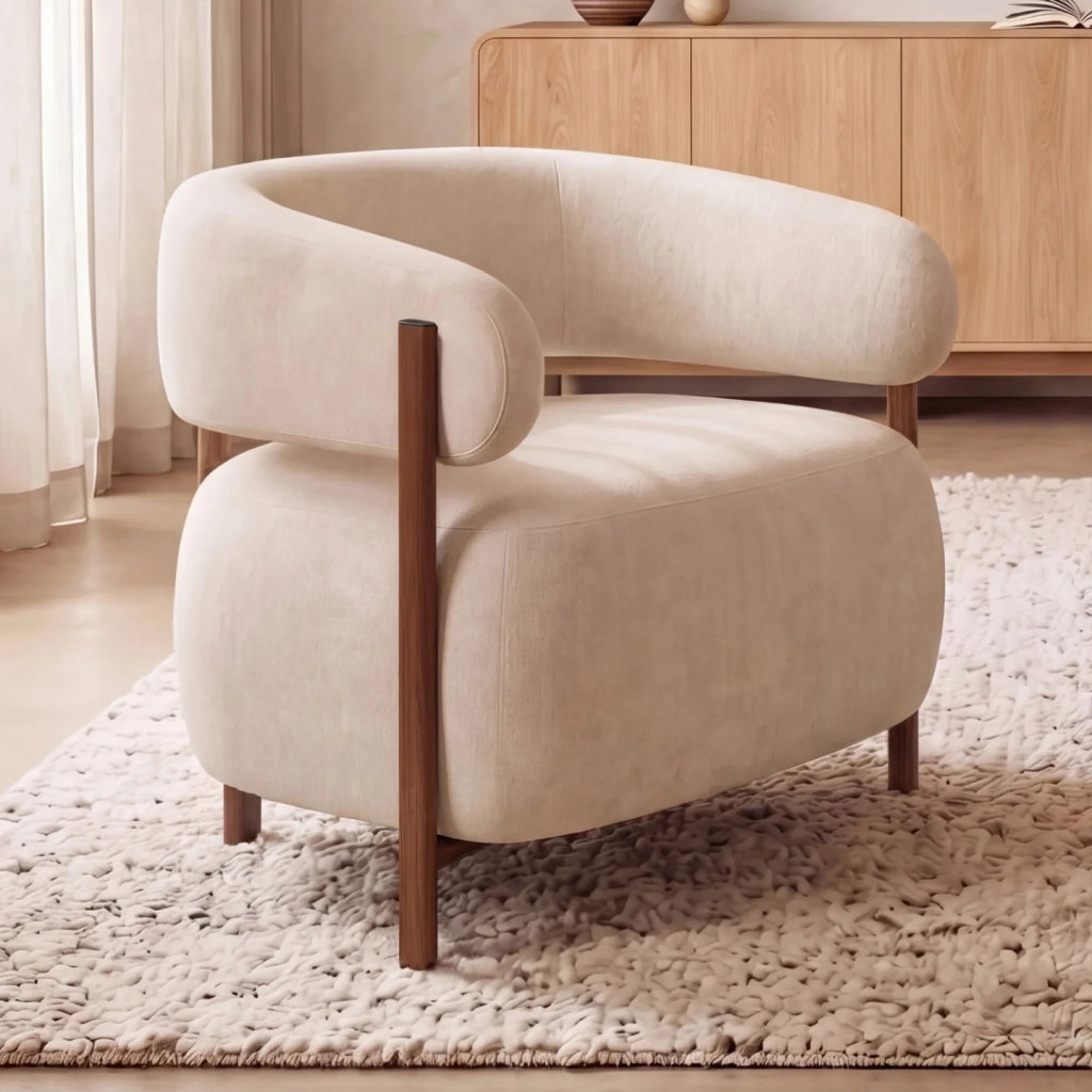 IDMarket - Poltrona ALBERT in tessuto chenille beige con gambe effetto noce