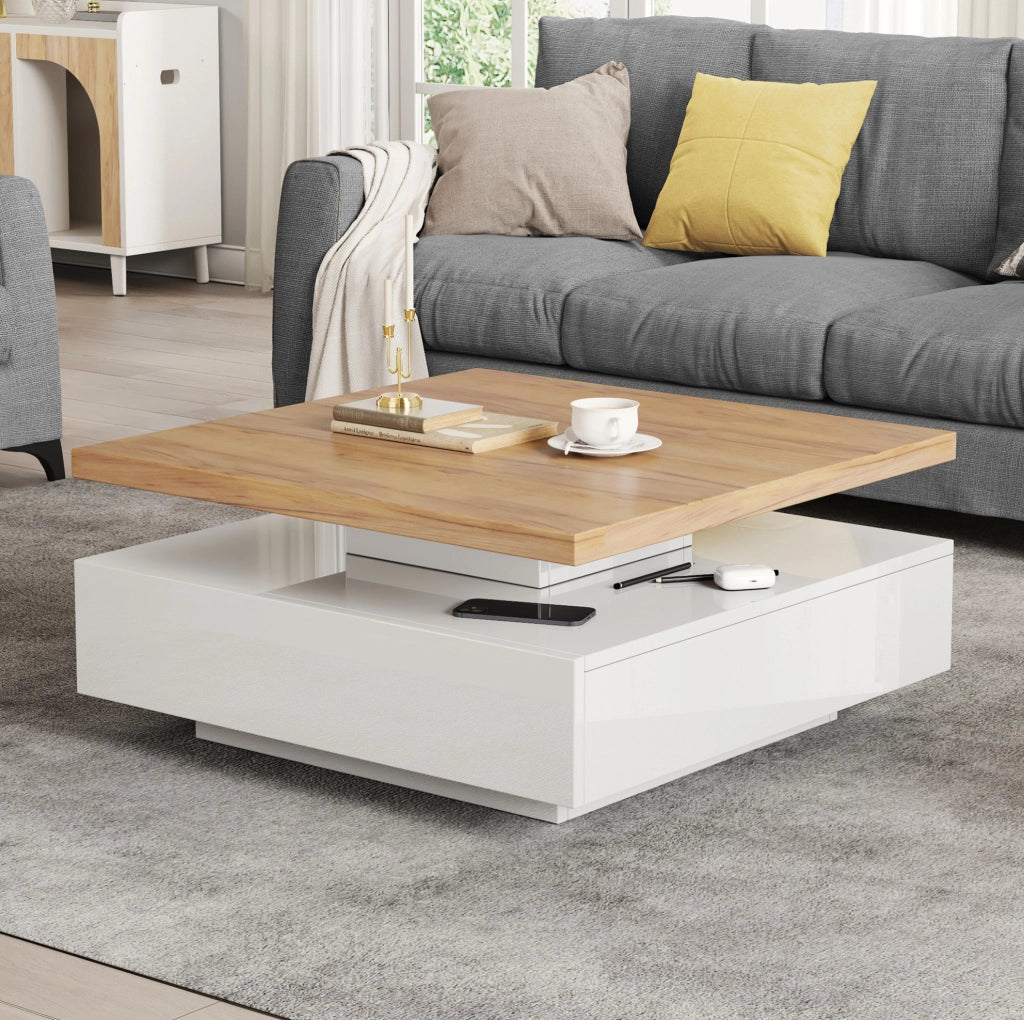 Tavolino da caffè quadrato girevole 360° con cassetto, bianco lucido e noce