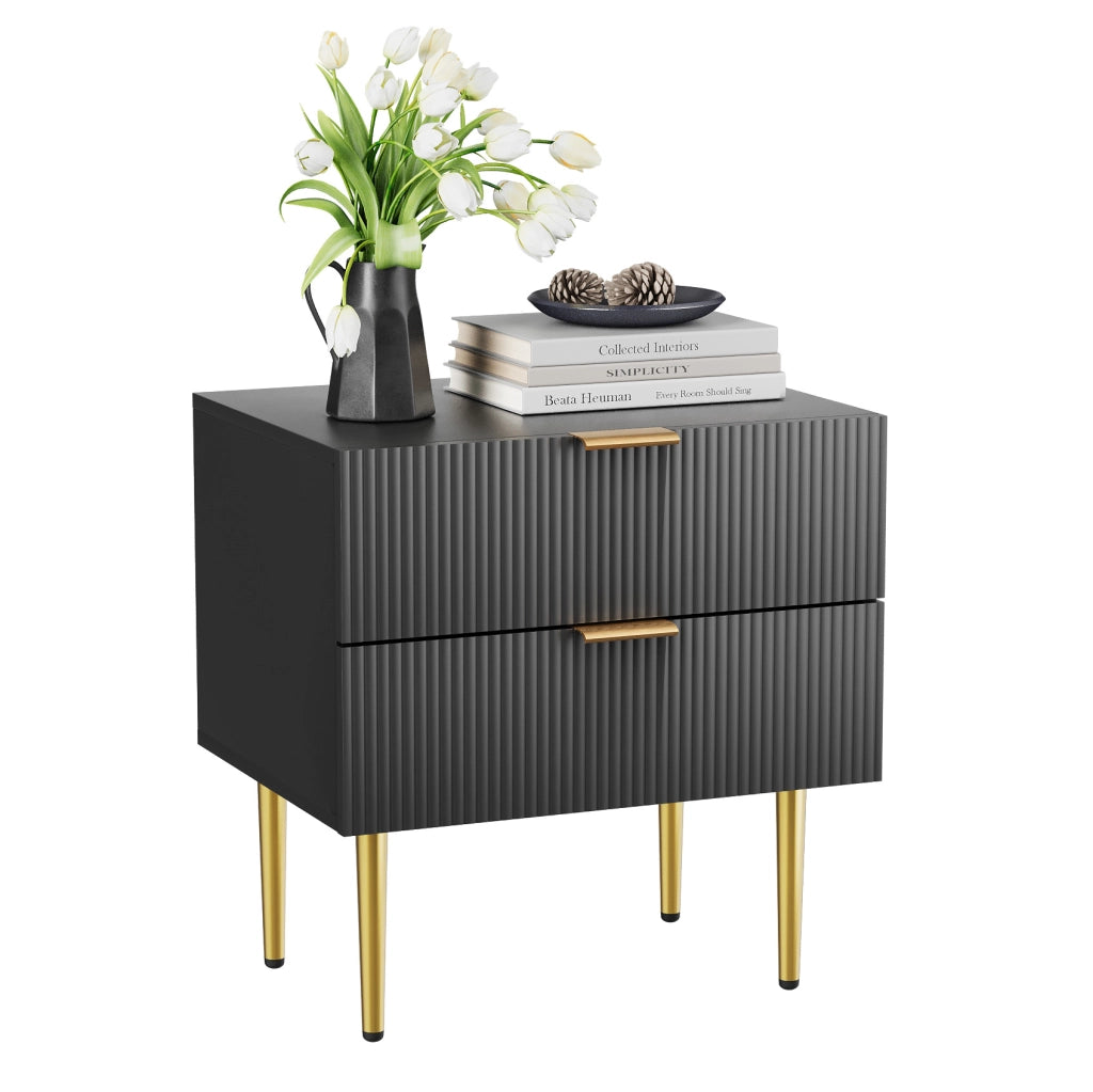 Comodino nero 53 x 41,5 x 52,5 cm, 2 cassetti, MDF e metallo