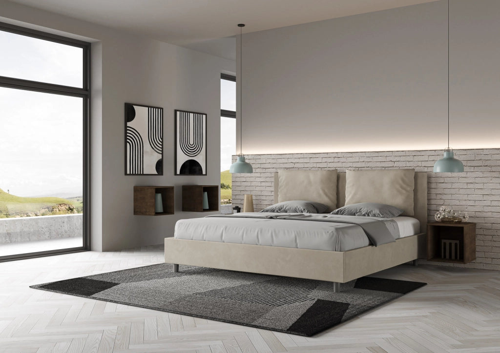 BS COM Letto senza rete imbottito 180x200 microfibra sabbia