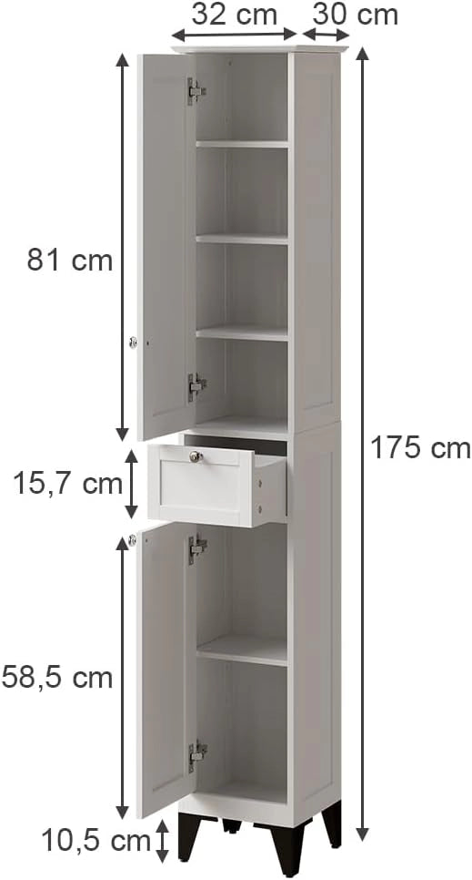 Mobile alto Vanity, Bianco, 32 x 175 cm, per la conservazione di articoli da bagno e asciugamani