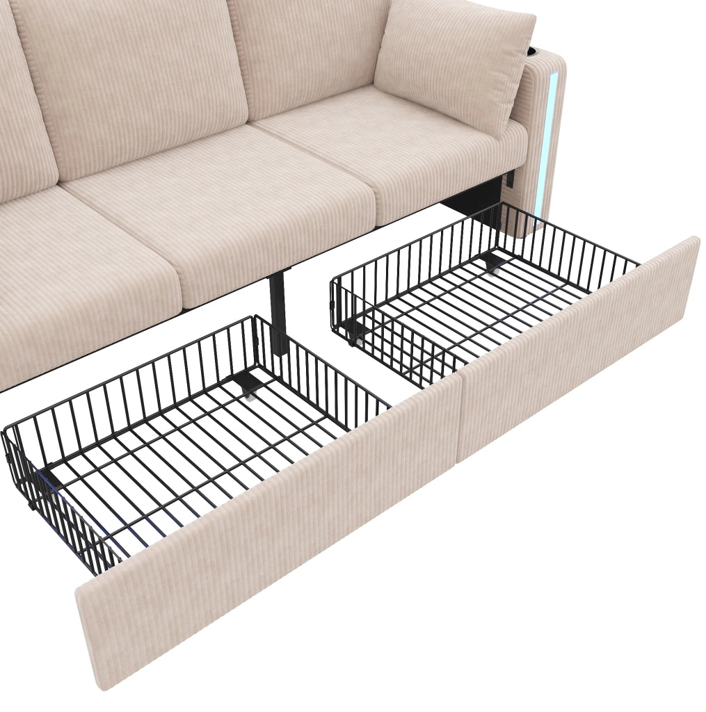 Sofa modulare a U/L 190x130x85 cm in corduroy beige con LED; USB e contenitore