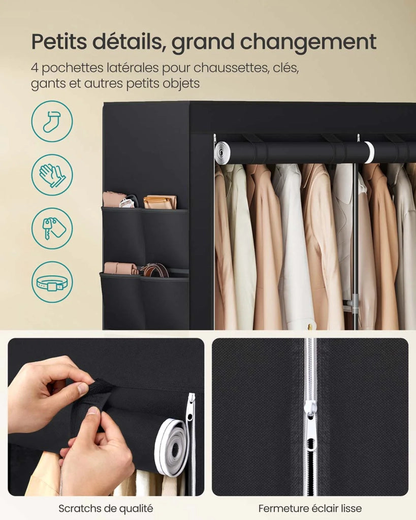 Armadio per camera da letto in tessuto appendiabiti 45 x 127 x 176 cm 2 scomparti appendiabiti con ripiani 4 tasche grande capacità per camera da letto/soggiorno nero 12_0003968