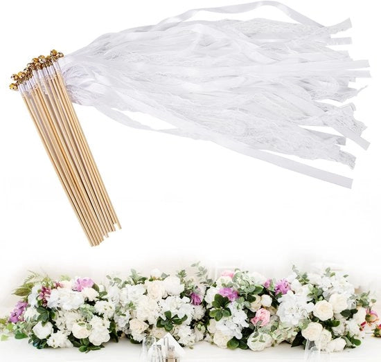 Accessori di matrimonio - Astucci per cerimonie - Stanghe in legno con campanelli - Bianche - Calzature per matrimoni - Decorazione di festa - 12 pezzi