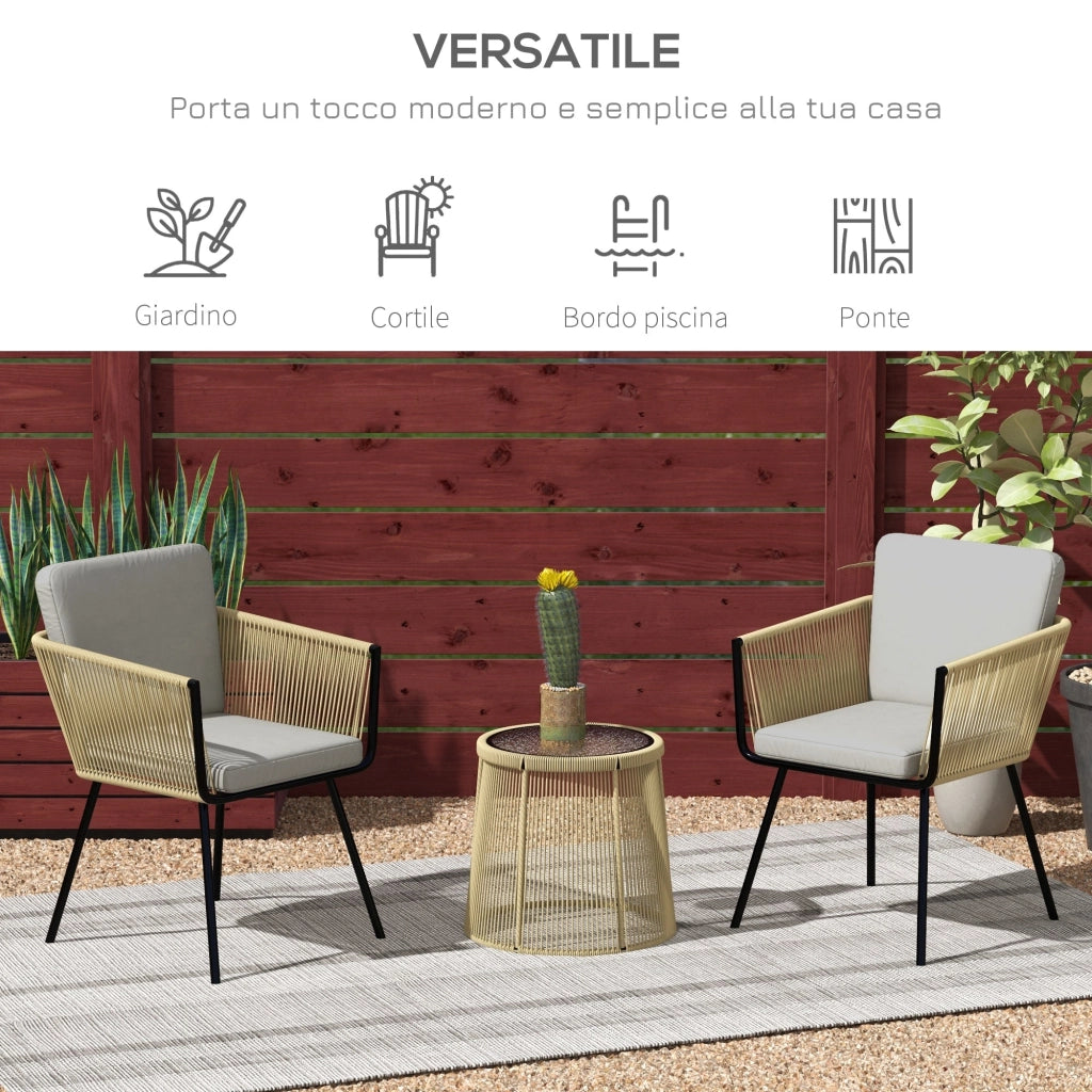 Set da Giardino 2 Sedie in Stile Boho e Tavolino in Vetro in Rattan Caffè
