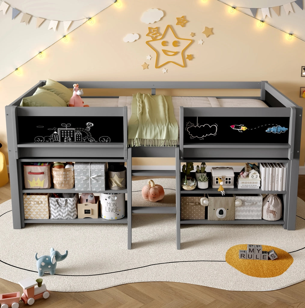 Letto semi-alto 90x200 cm con scaffali, lavagna, scala e sponde grigio