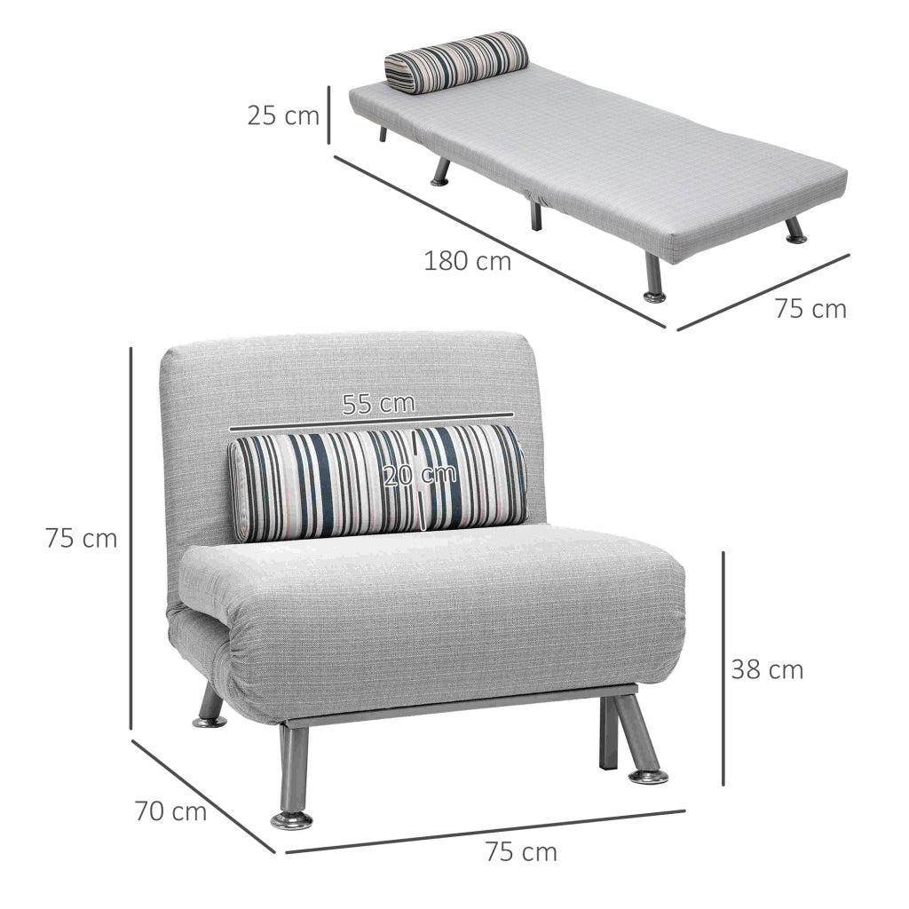 Poltrona Letto in Ferro e Cotone con Cuscino a Righe Grigio,75x70x75 cm