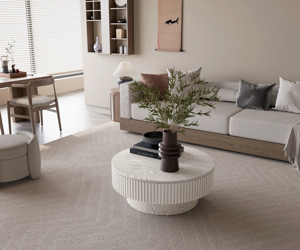 Tavolino basso rotondo con contenitore nascosto e design scanalato, per soggiorno e camera da letto, bianco vintage