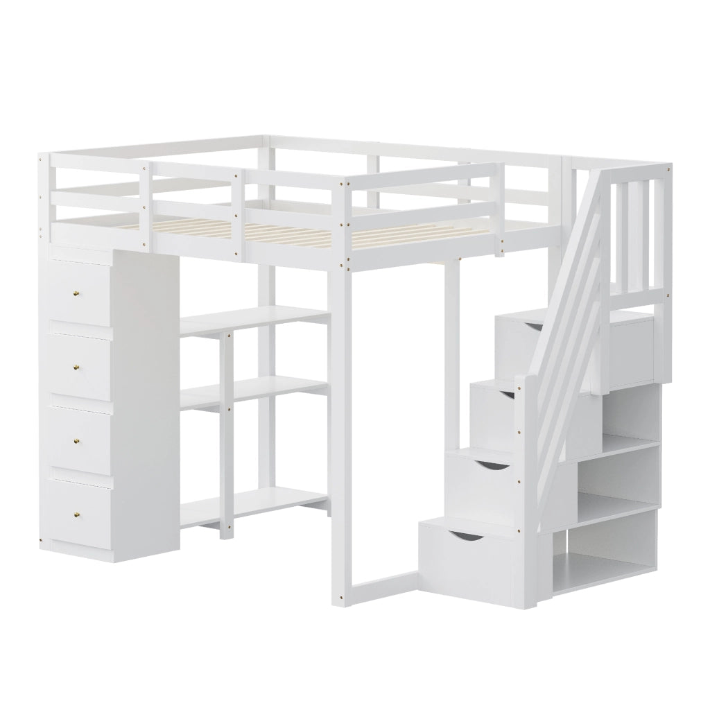 DESMIU Letto a soppalco matrimoniale con 4 cassetti, scaffali e scala contenitore 140 × 200 cm, senza materasso