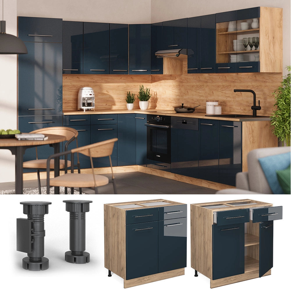 Mobiletto base per cucina Fame-Line Blu scuro lucido/Rovere dorato 80 cm, PL Antracite Vicco