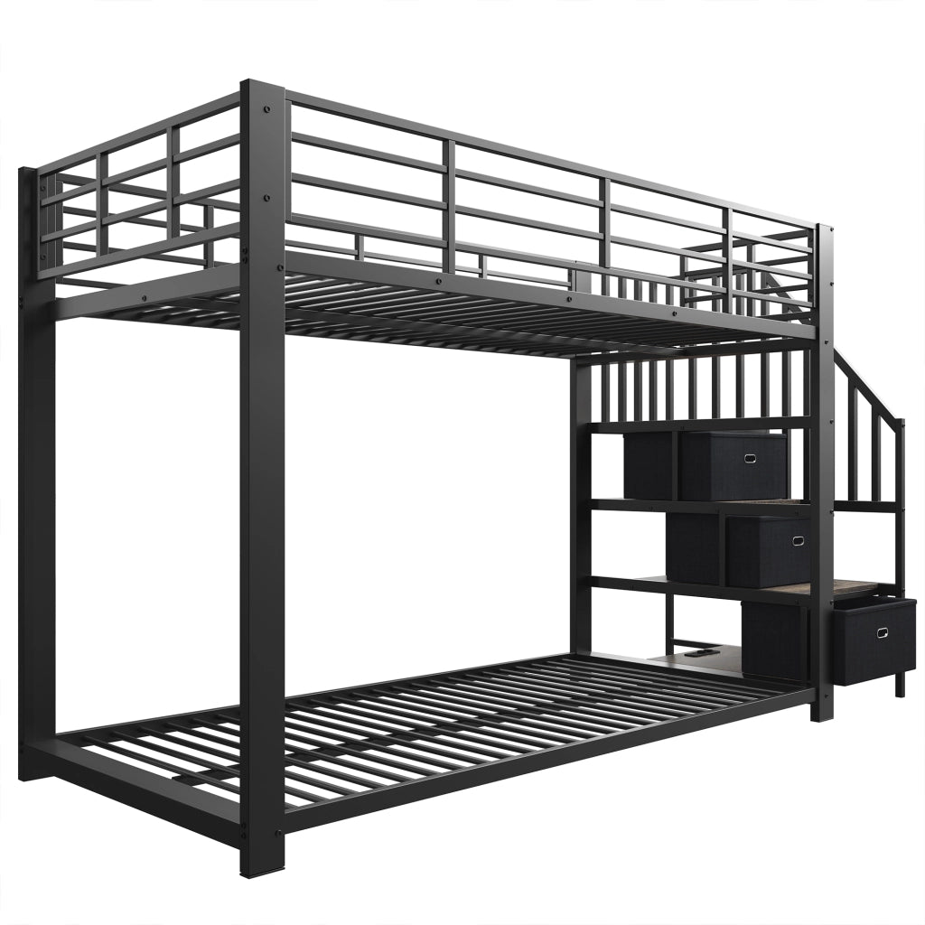 Letto a castello 90x200 cm con scala contenitore; LED e prese in MDF e metallo nero