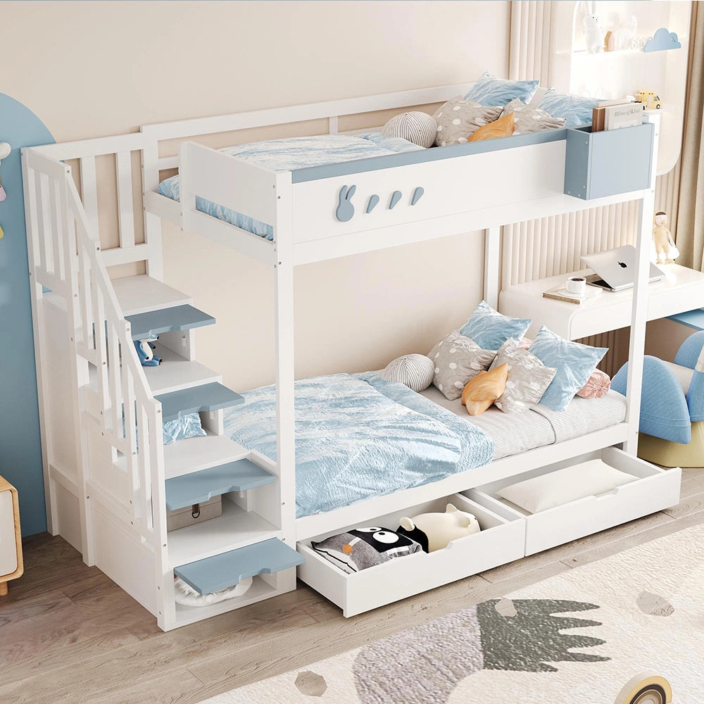 Letto a castello-Xylo-90x200cm, motivo conigli, cassetti, bianco+blu
