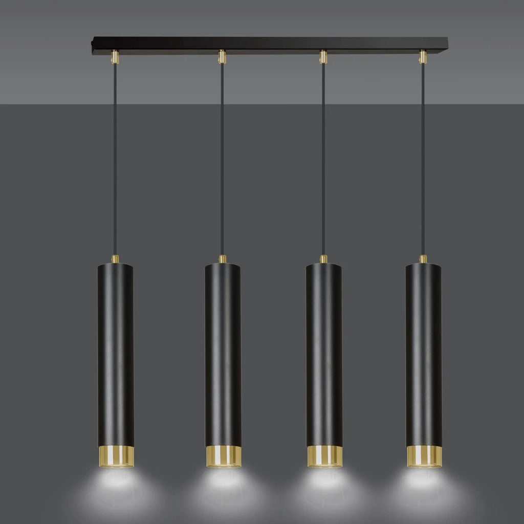 Lampadario 4 Luci Brunilde In Acciaio Nero E Tubolari In Nero E Oro