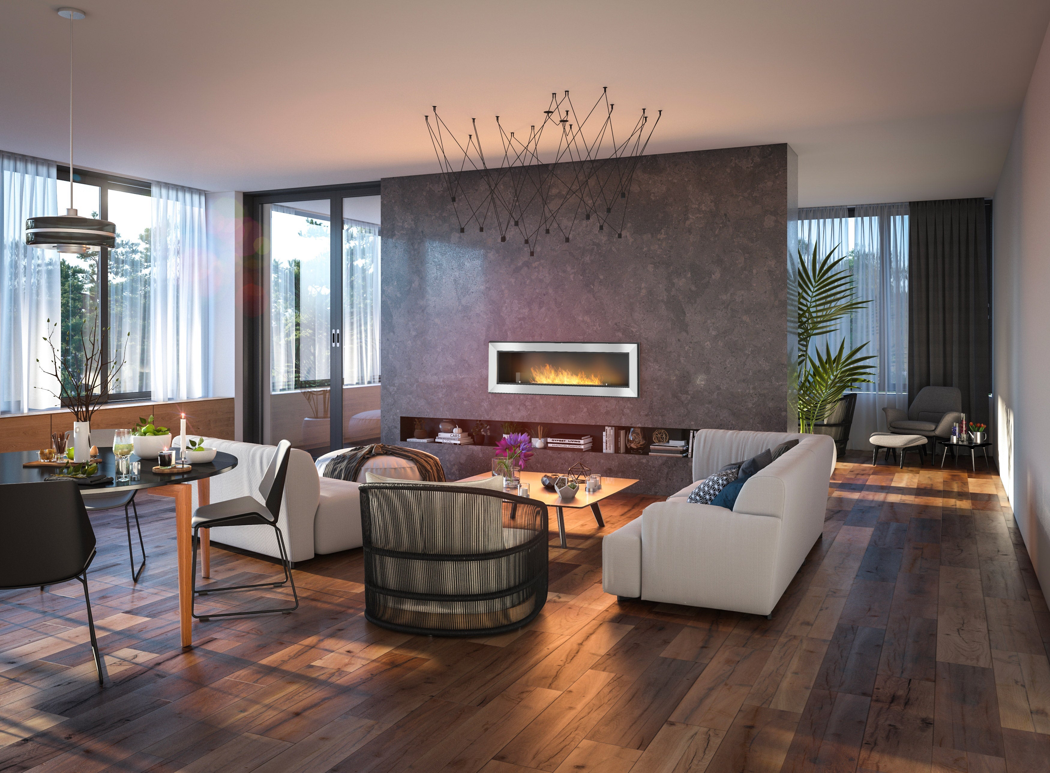 Camino a Bioetanolo da Parete/Incasso 150x49 cm Frame 1500 Inox con Vetro