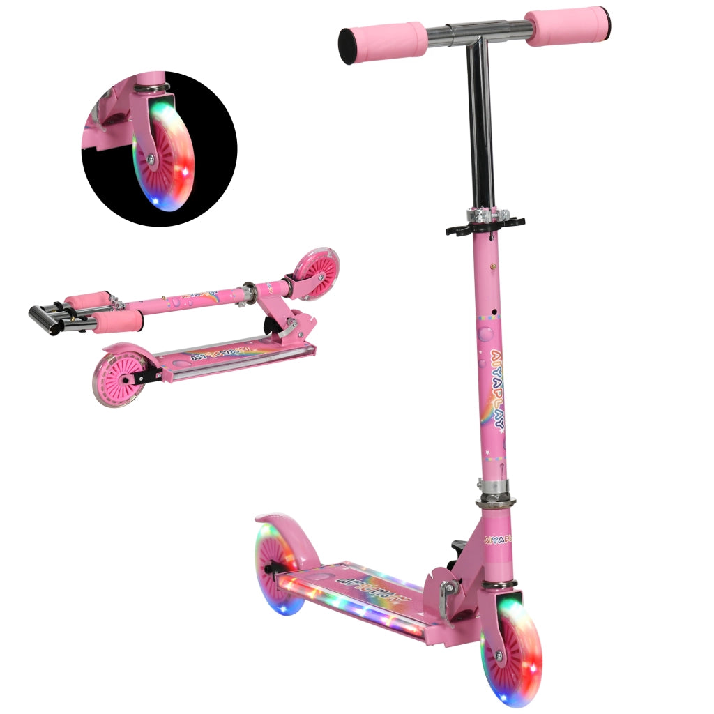 Monopattino per Bambini 3-7 Anni Pieghevole a 2 Ruote e Altezza Regolabile, 67x30x63/68/73/76 cm, Rosa