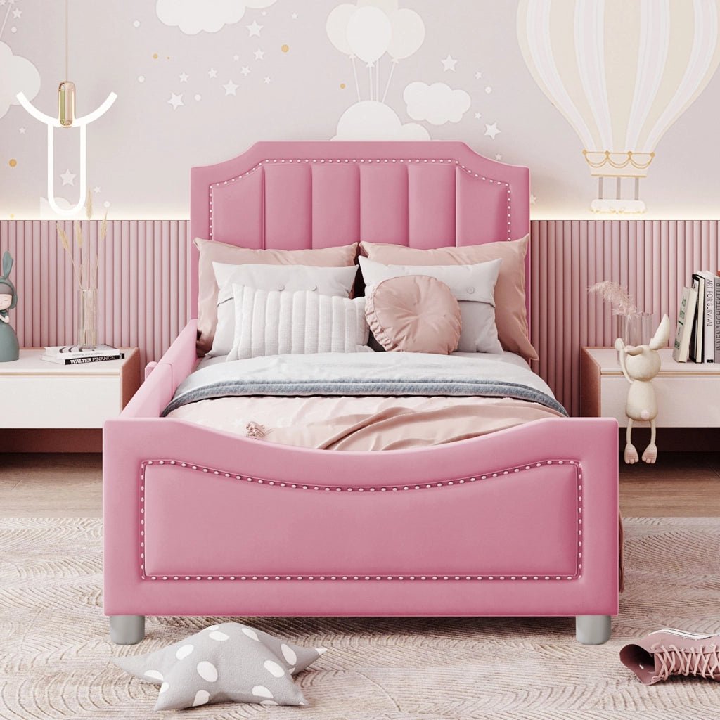 Letto imbottito 90x200 cm convertibile in divano letto; flanella rosa