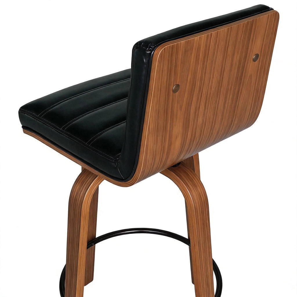 Sgabello da bar in PU nero con schienale ergonomico e gambe in legno curvate