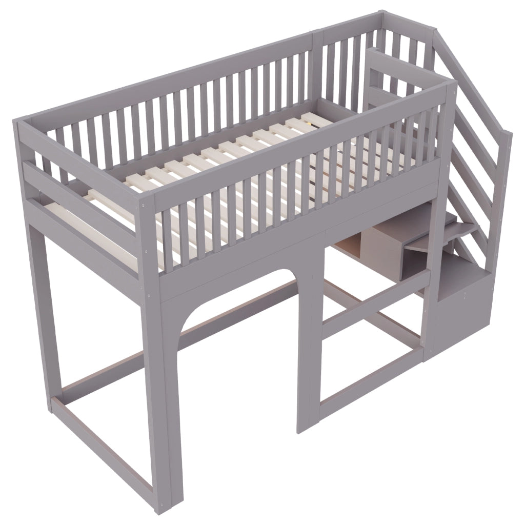 Letto a soppalco 90 x 200 cm, con ripiano portaoggetti, illuminazione a LED, sponde di sicurezza, letto per bambini, grigio