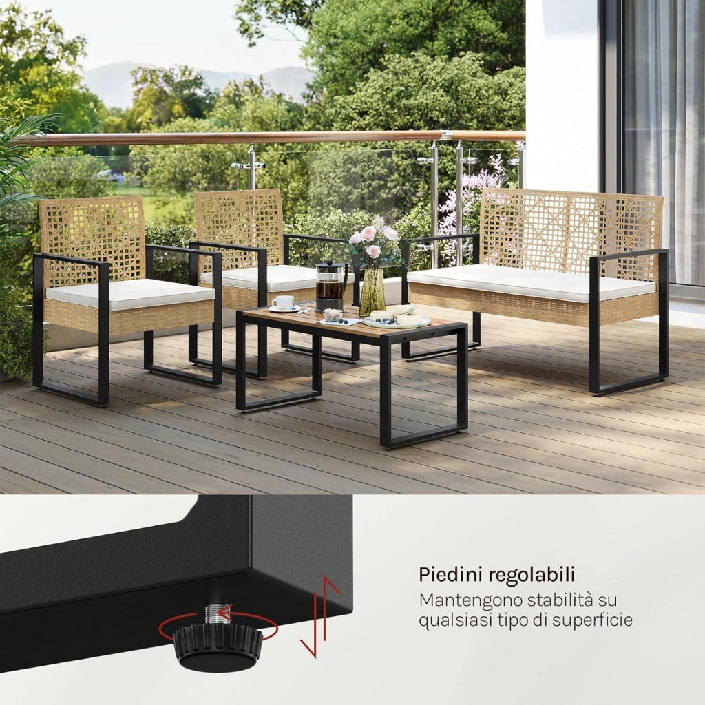 Set di Mobili da Esterno, Tavolo, Divano a 2 Posti e 2 Poltrone con Cuscini Rimovibili, Salotto da Giardino, Resistente alle Intemperie, per Terrazza, Balcone, Colore Legno Naturale
