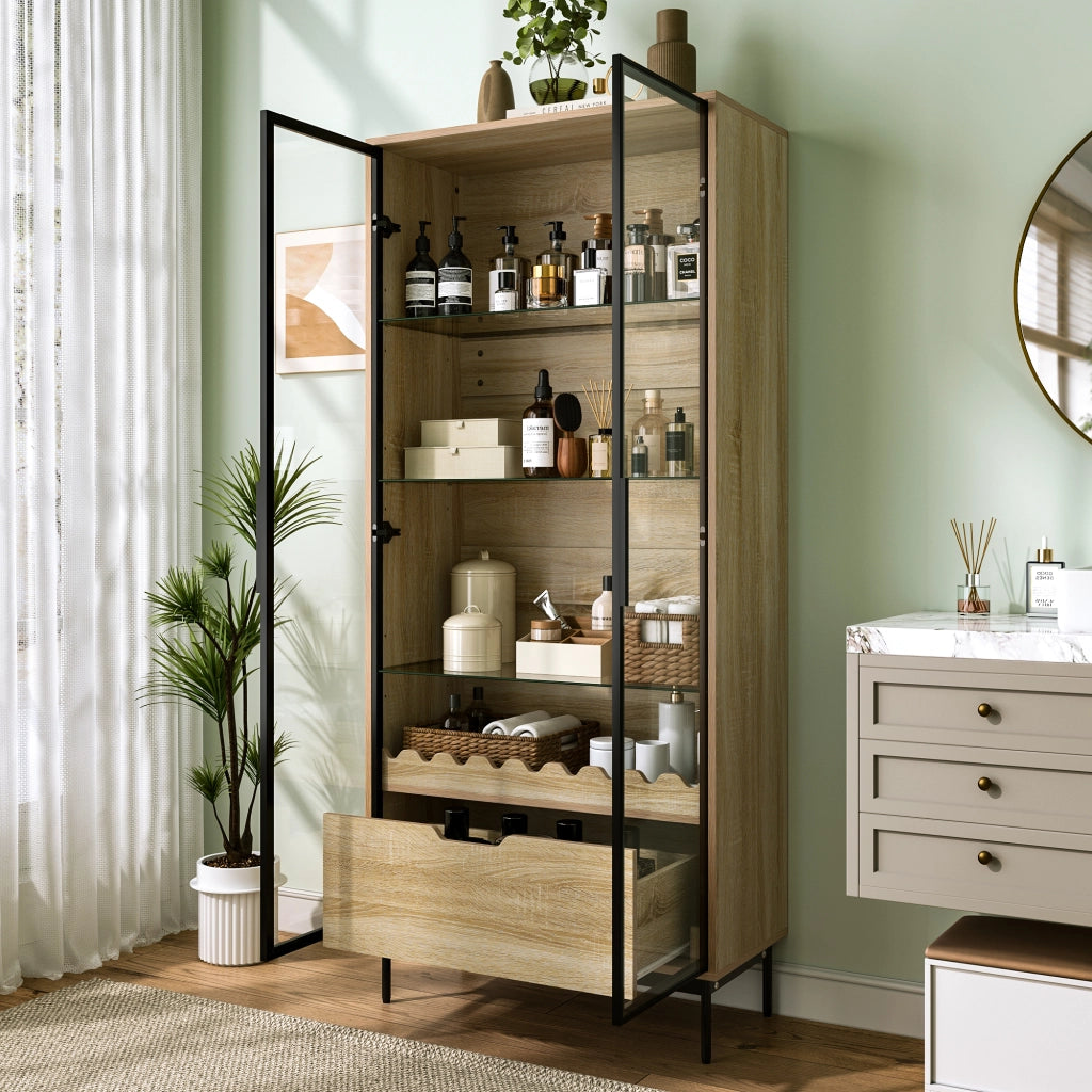 Vetrina con anta in vetro e cassetto, ripiani regolabili, decorazione a onde, per soggiorno bagno e ingresso