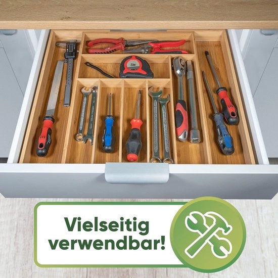 Cassetto per coltelli in legno con 9 contenitori - Organizzatore per la cucina con divisioni - Distanza tra i contenitori 47 cm