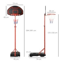 Canestro Portatile Canestro Basket da Esterno con Altezza Regolabile 193.5-248.5cm e Base da Riempire con Acqua o Sabbia, in Acciaio e Nylon 73x49x194-249cm