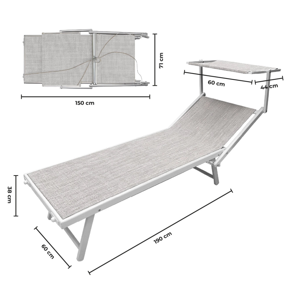 Lettino Prendisole Professionale Pieghevole e Impilabile con Parasole Regolabile, Schienale Reclinabile 2 Posizioni, Struttura in Alluminio, Tessuto Impermeabile UV Resistente, Portata 110 Kg Grigio