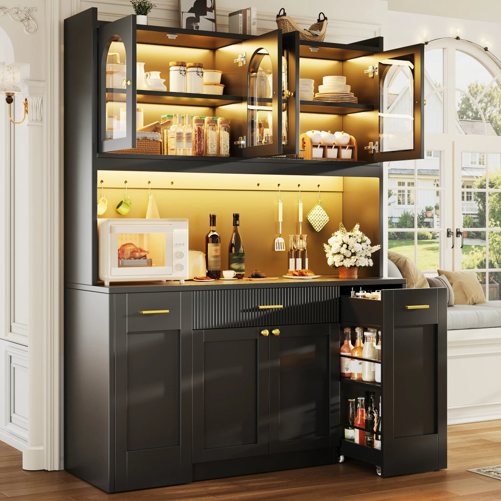 Credenza alta da cucina con LED RGB e app, 3 vetrine, cassetti e ripiani estraibili, nero, 120 × 40 × 187 cm
