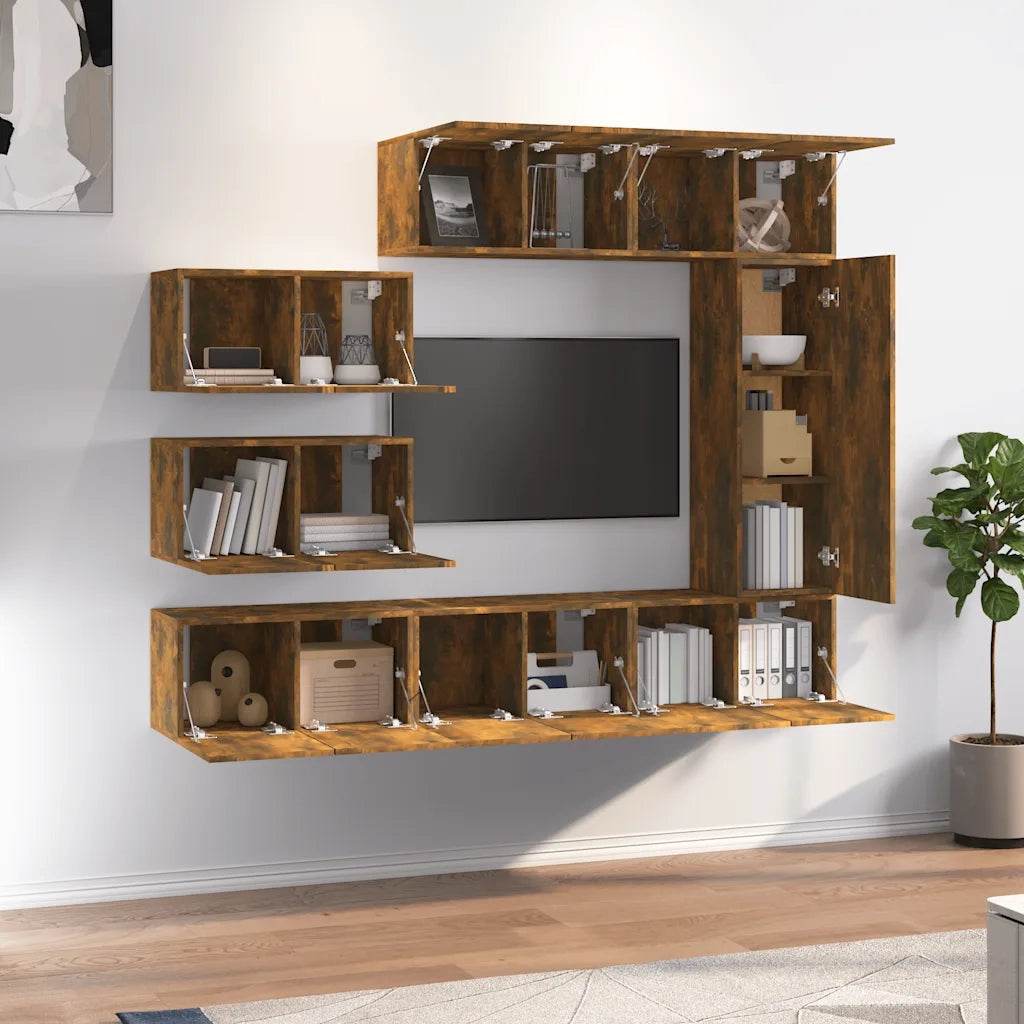 Set Mobili Porta TV 8 pz | Armadietto TV | Mobile Porta TV Rovere Fumo in Legno Multistrato