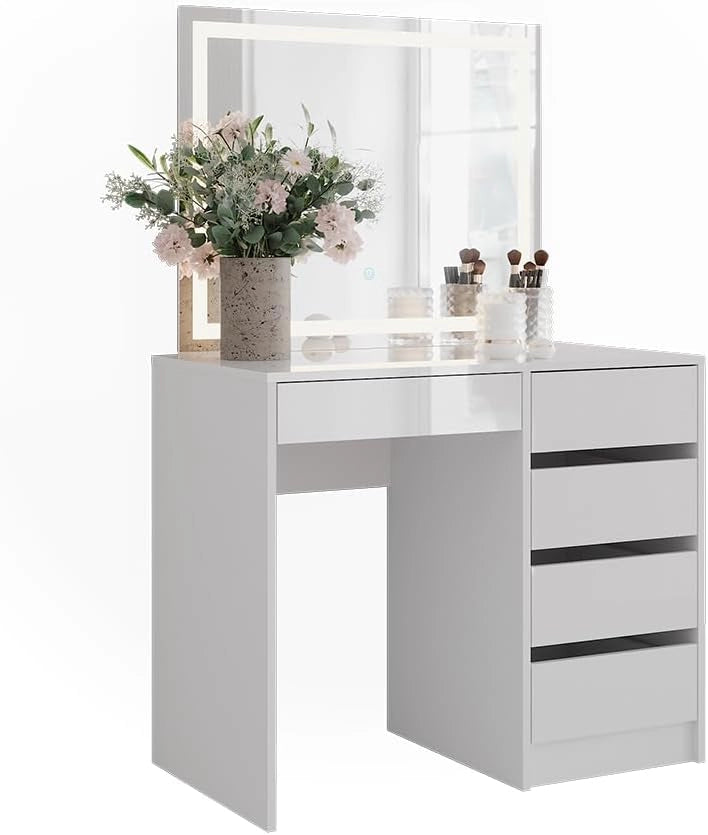 Tavolo da toeletta Sherry, Bianco/bianco lucido, 89.8 cm con specchio LED