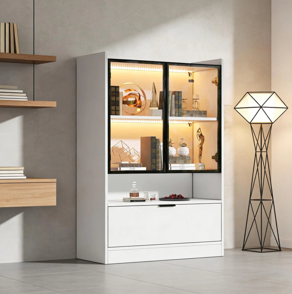 Vetrina moderna con LED 120x80x35 cm in truciolare bianco opaco e vetro temperato