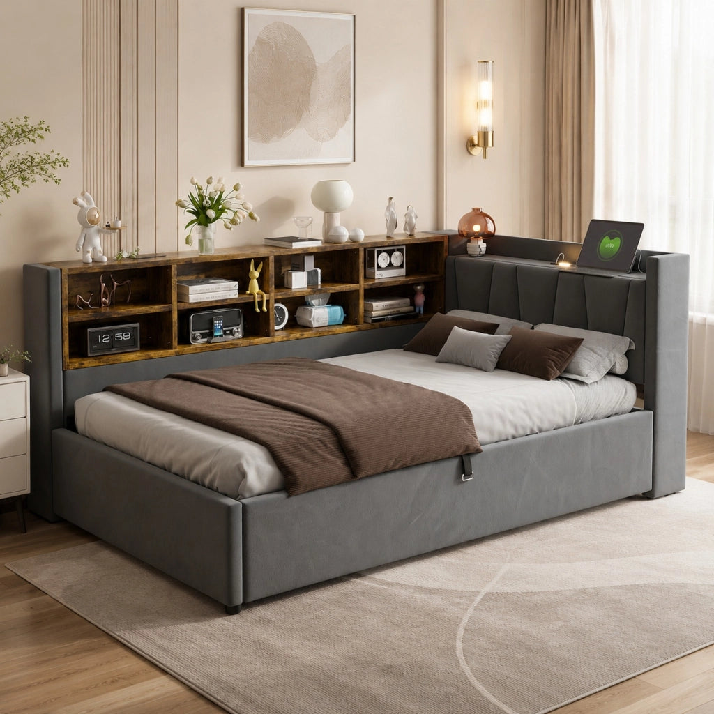 LETTO Polsterbett 90x200 cm in velluto grigio con testiera multifunzione e contenitore
