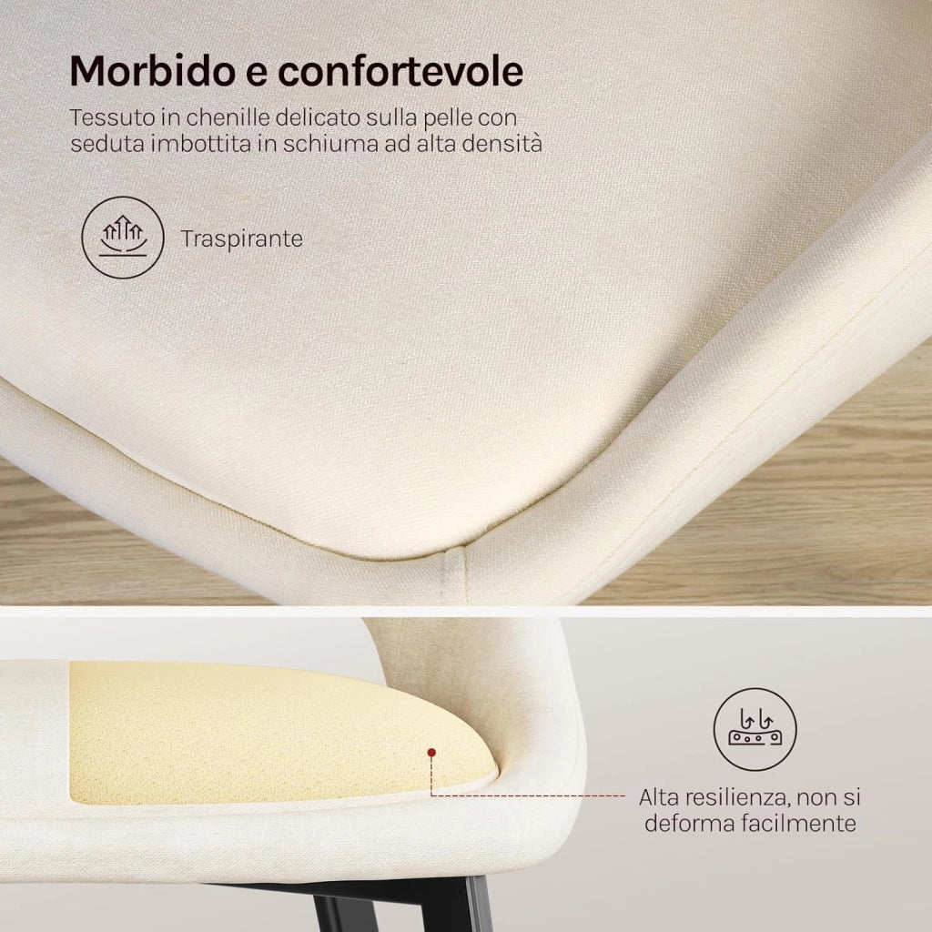 Set di 6 Sedia da Pranzo, Sedia Cucina con Schienale Curvo, Struttura Metallica, Rivestimento in Chenille, per Sala da Pranzo, Soggiorno, Cucina,Portata 150 kg, Beige