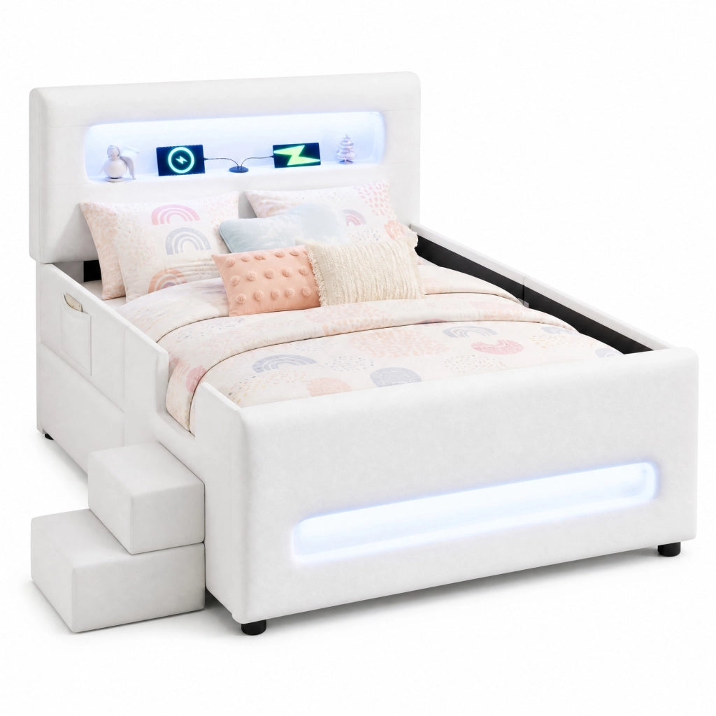 Letto a piattaforma imbottito 90x200 cm bianco con scala, cassetti, luci LED e porta USB