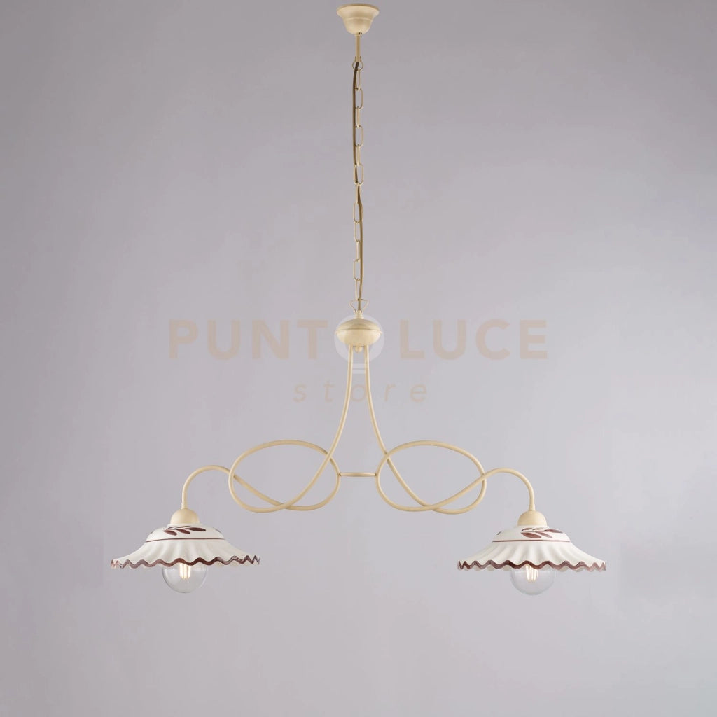 Lampadario inferro laccato avorio e decorazione effetto decapè con diffusori in ceramica diametro 30 bianco e marrone 2 luci