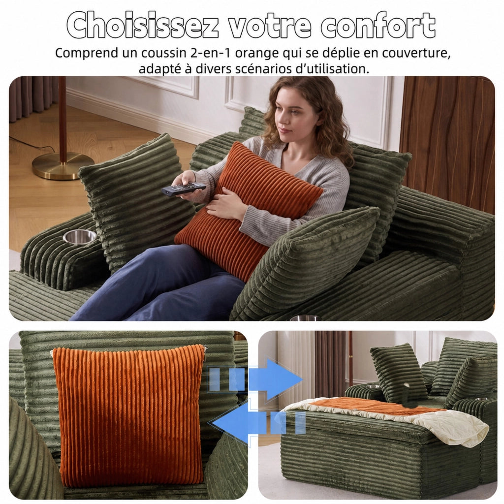 Divano letto da pavimento con chaise longue in velluto a coste verde; 3 cuscini e coperta 2 in 1