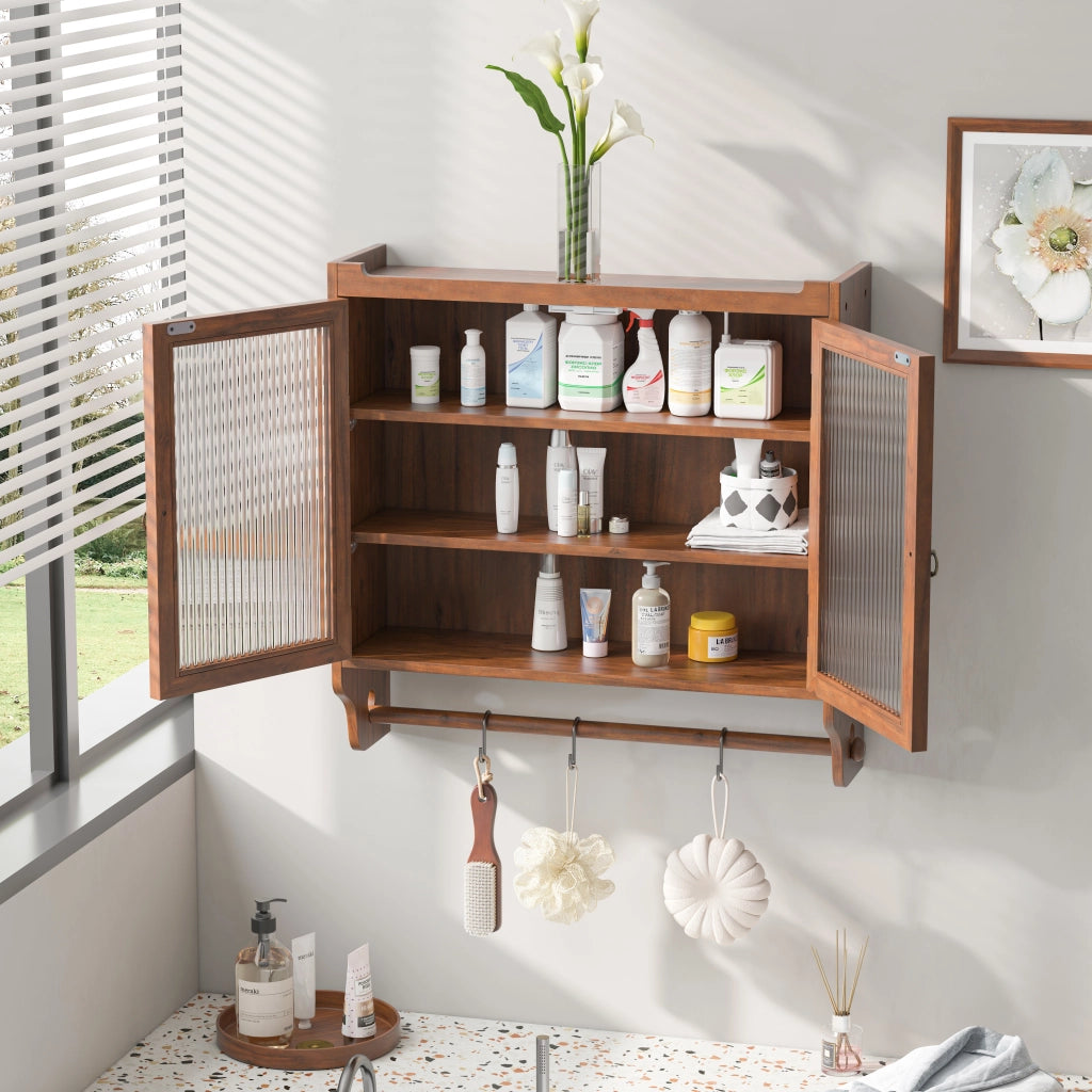 Mobile pensile vintage in legno e vetro marrone, con ante doppie, 3 ripiani e mensola porta asciugamani, 63 x 60 x 18 cm