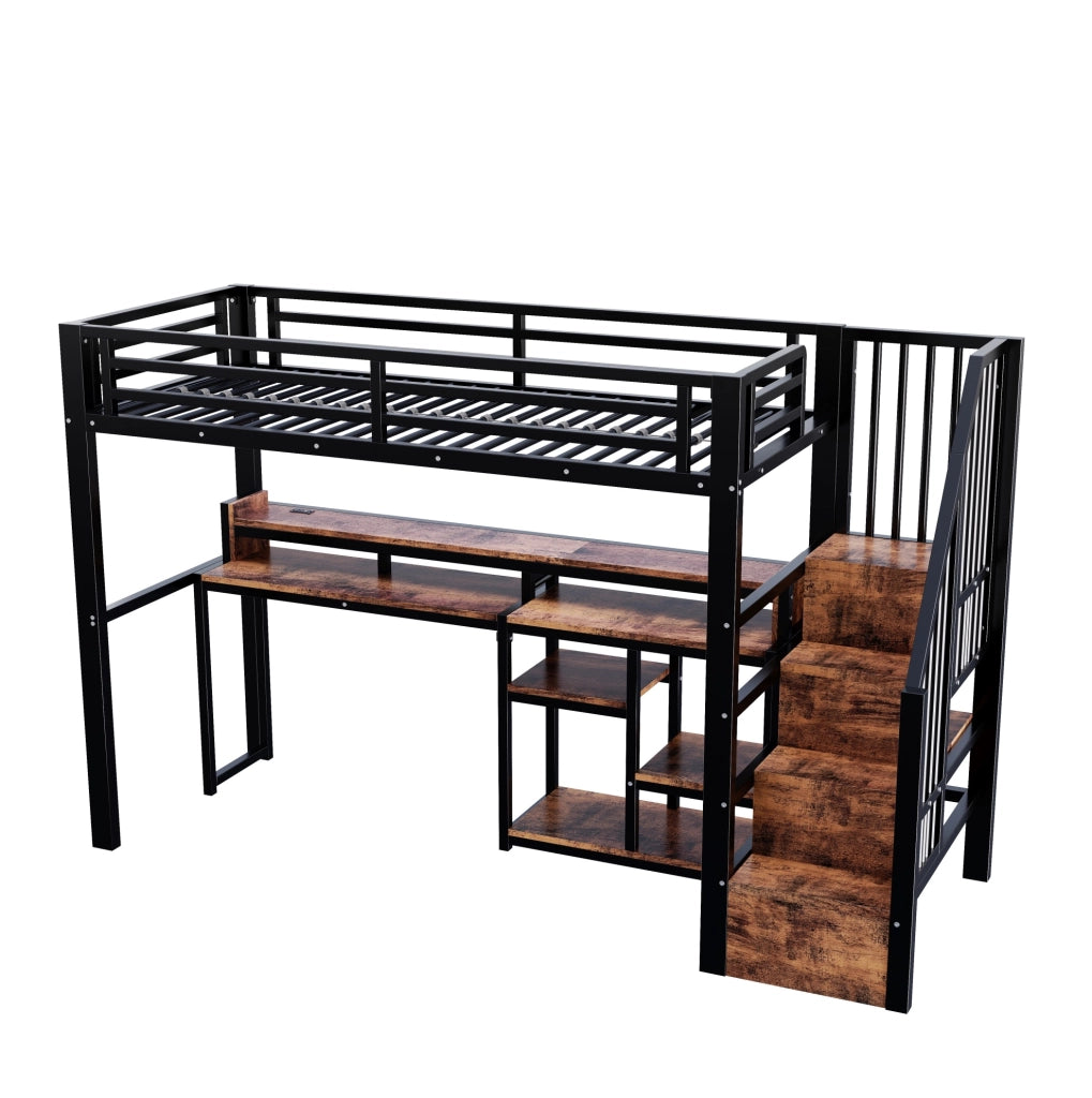 Letto a soppalco 90x200 cm in metallo e MDF; nero; con LED; USB e vano contenitore