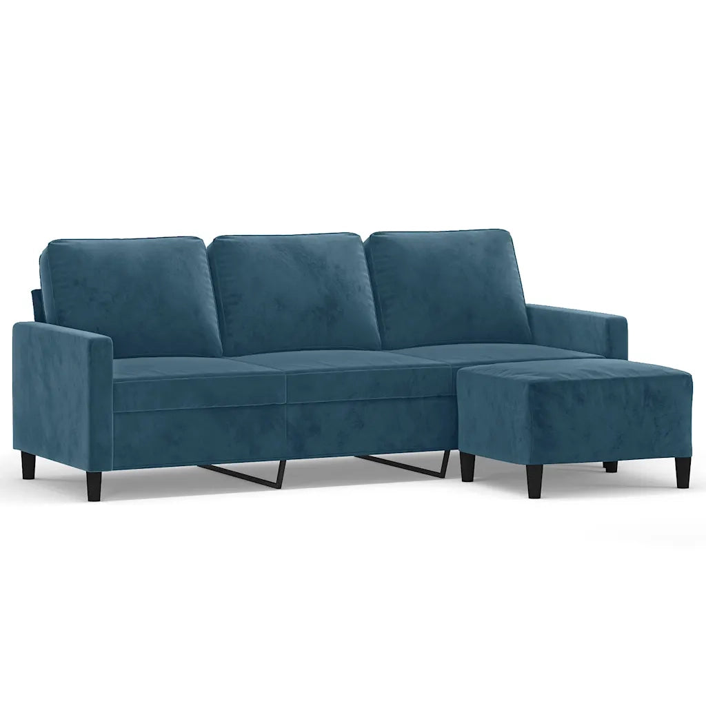 Divano a 3 Posti con Poggiapiedi Blu 180 cm in Velluto