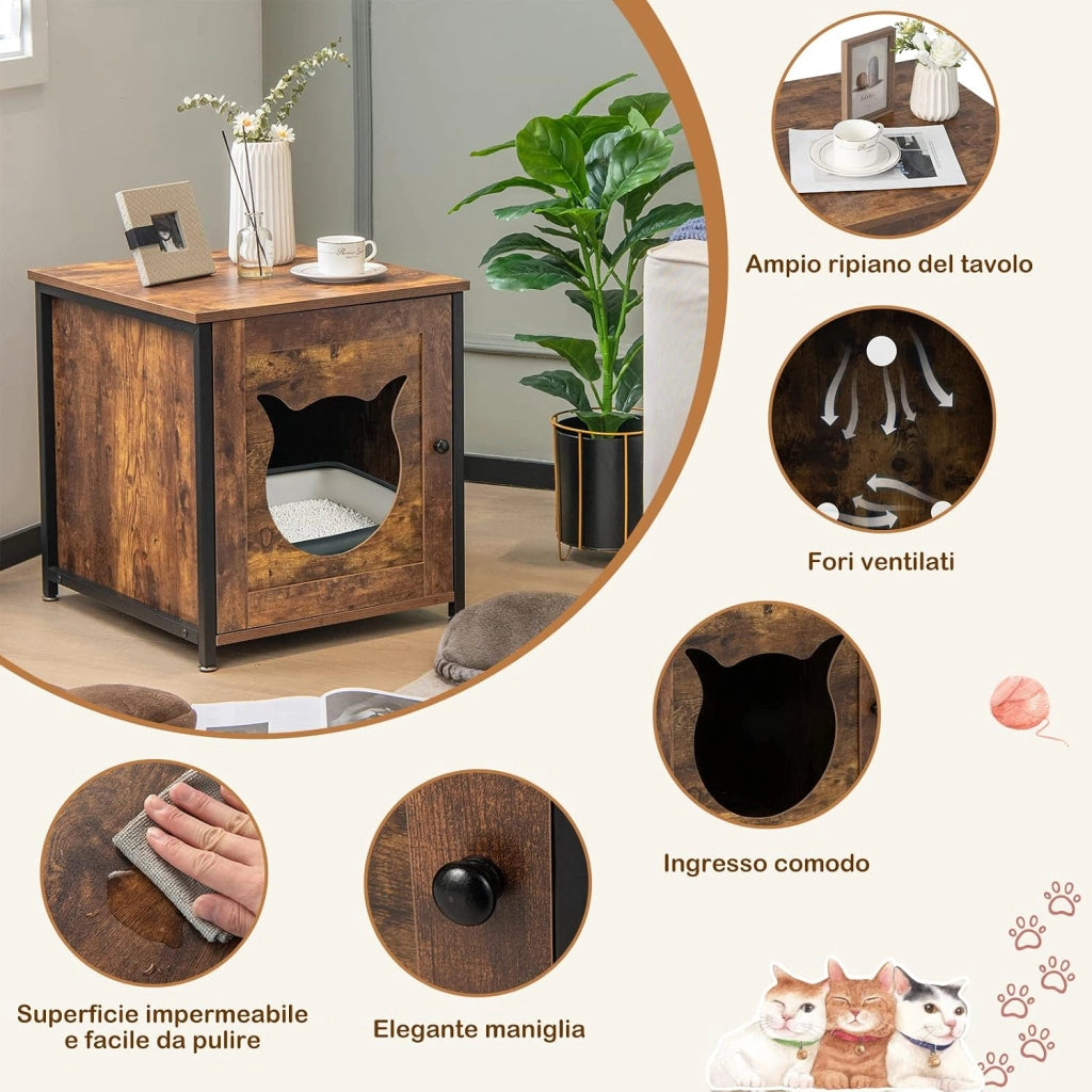 Mobile per Lettiera Gatti in Legno, Casetta con Ingresso a Forma di Gatto, Telaio in Metallo, Mobiletto Multiuso per Ingresso e Soggiorno, Adatto a Gatti Piccoli e Grandi