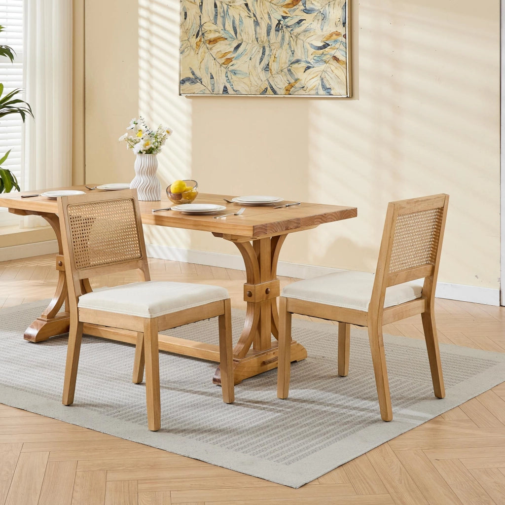 Set di 2 sedie da pranzo, schienale in vimini, stile rustico, struttura in legno, seduta imbottita, colore legno naturale e beige