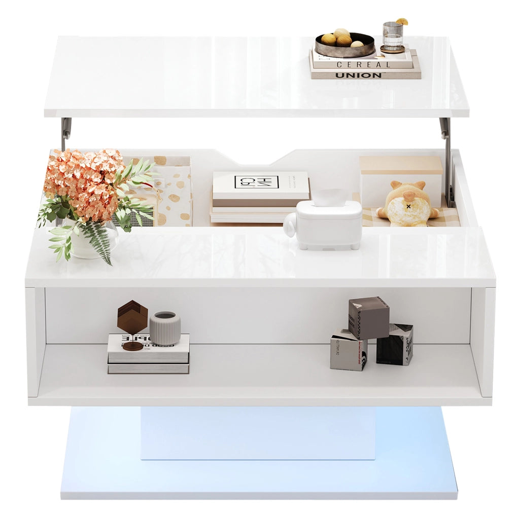 Tavolino da caffè sollevabile 80 x 75 x 40 cm con LED; contenitore nascosto; bianco