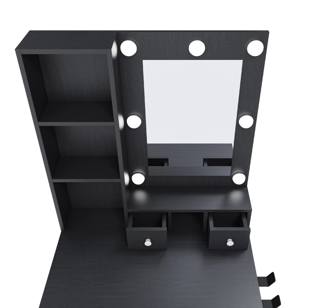 Toeletta con specchio LED a 3 modalità; presa integrata; supporto asciugacapelli; MDF nero