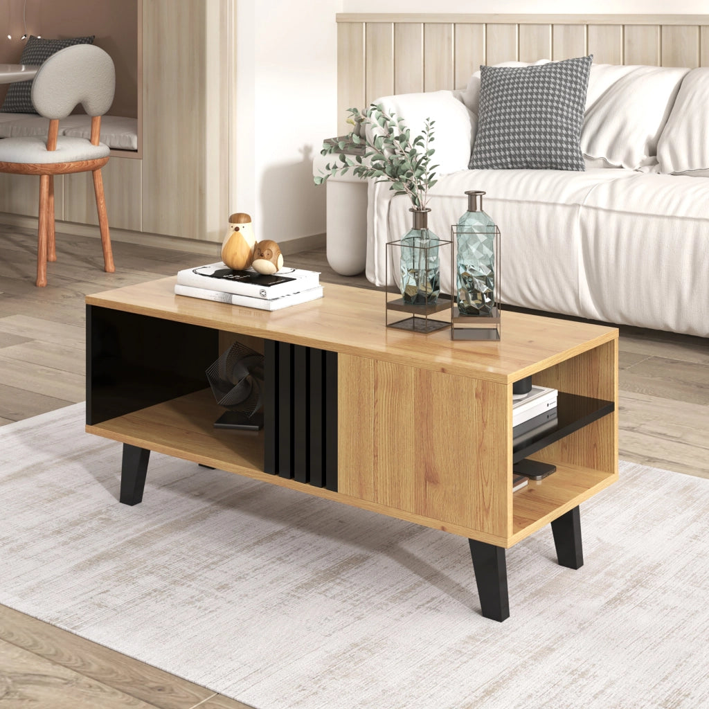 OKWISH Tavolino da Salotto Rettangolare con 3 Vani, Stile Moderno, per Soggiorno, 100×60×45 cm, Naturale e Nero