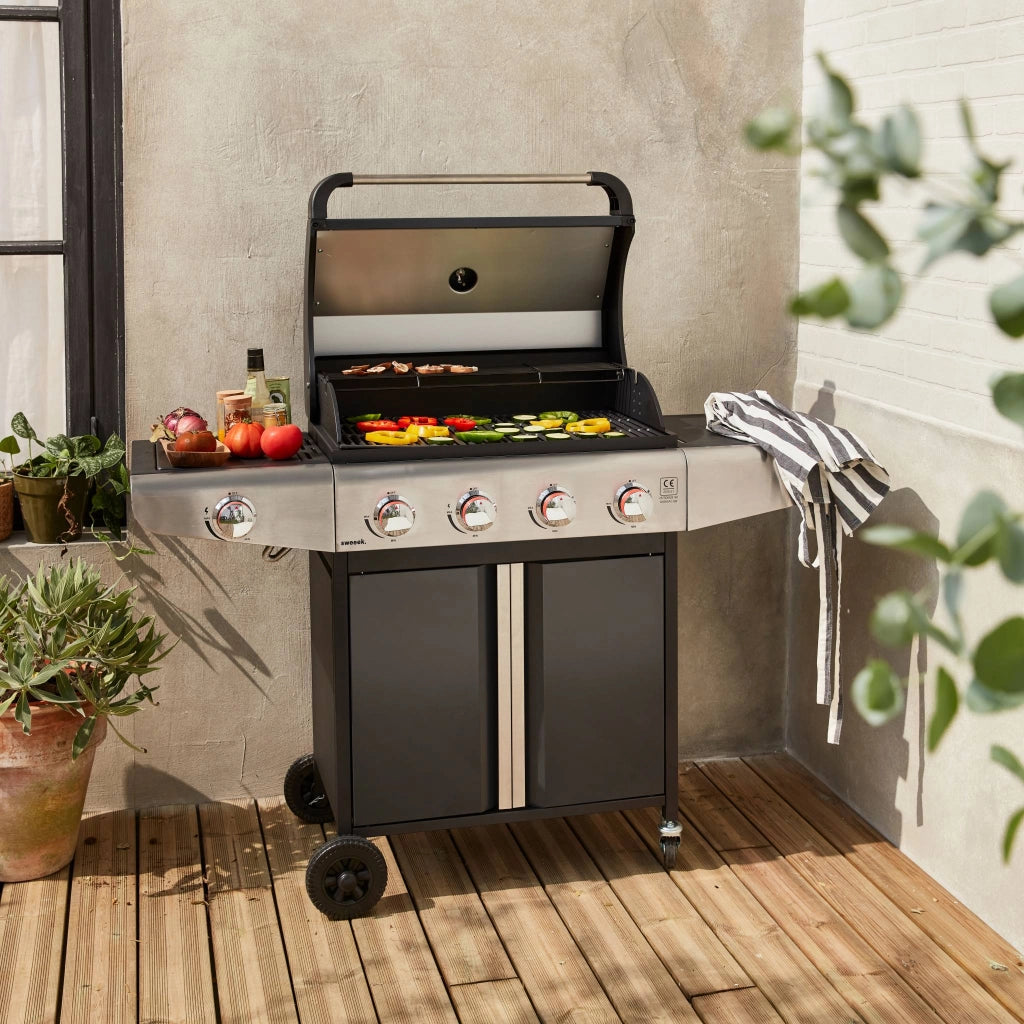 Barbecue a gas a 5 fuochi con 1 bruciatore laterale, nero