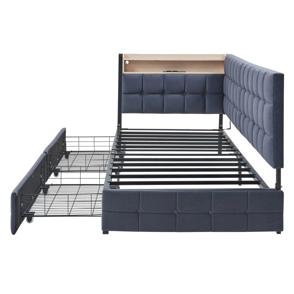 Divano letto imbottito 90x200 cm grigio con 2 cassetti, LED integrato e porte USB/Type-C