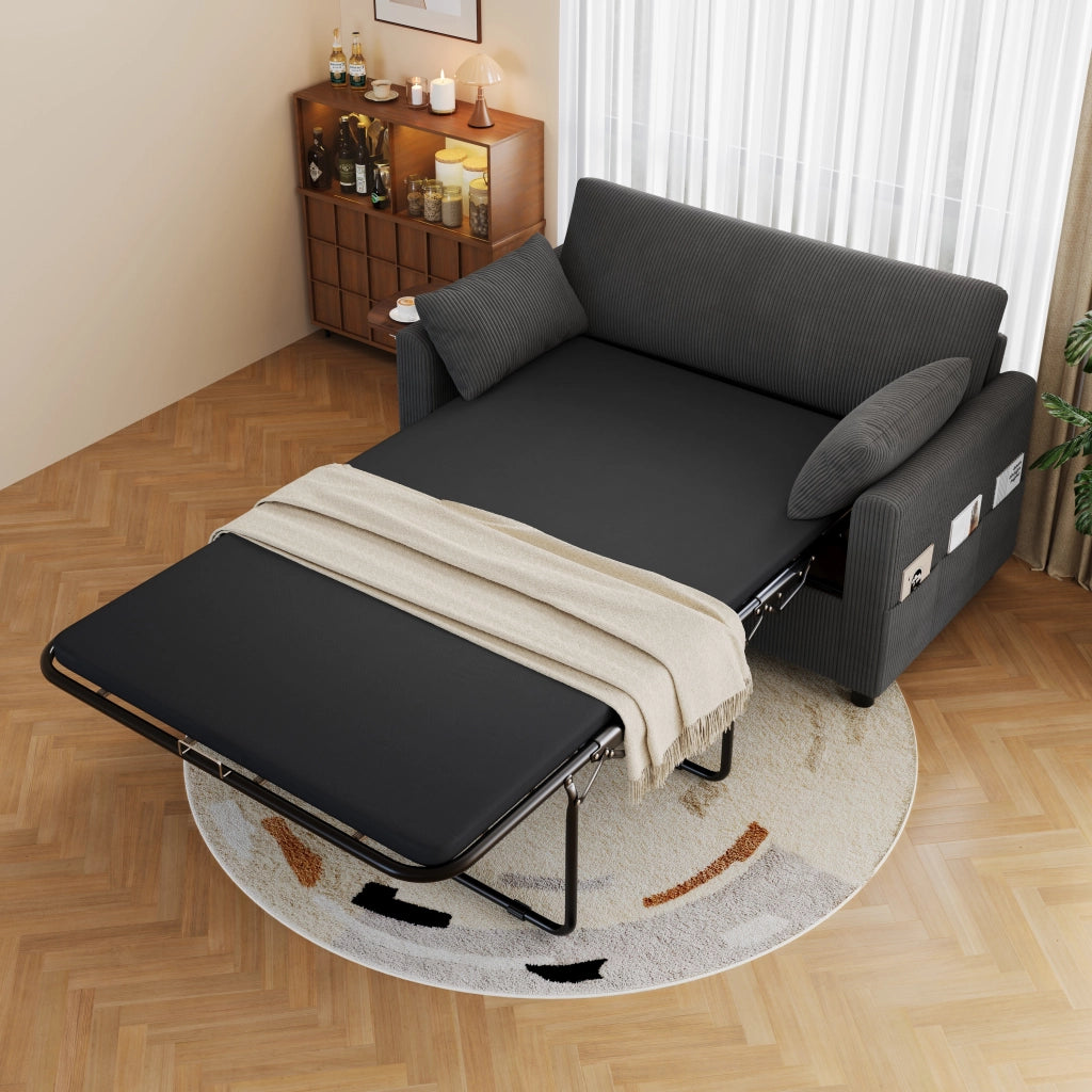Divano letto estraibile 2 posti con porta USB e USB-C tavolino pieghevole e tasca laterale in velluto a coste grigio